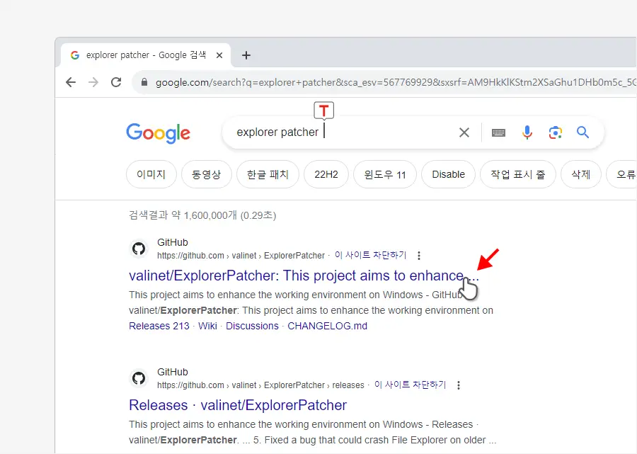 Explorer-patcher-검색-후-배포-사이트-접속